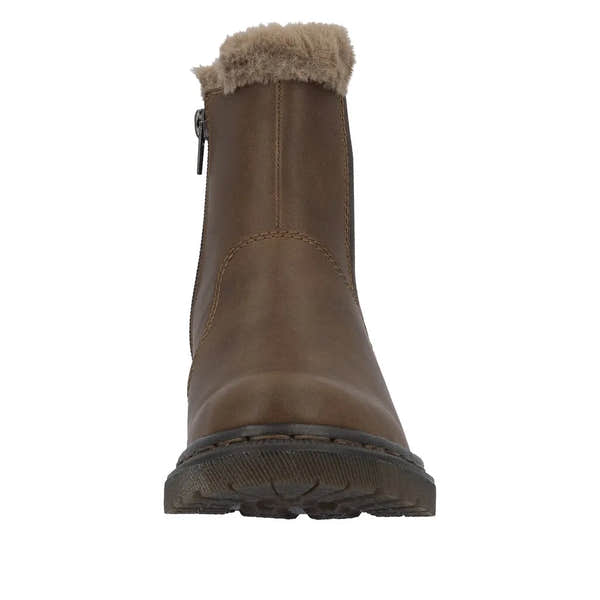 Rieker 78250-22 women's brown ankle boots with side zipper and faux fur lining, slip-on design, and rugged rubber sole.