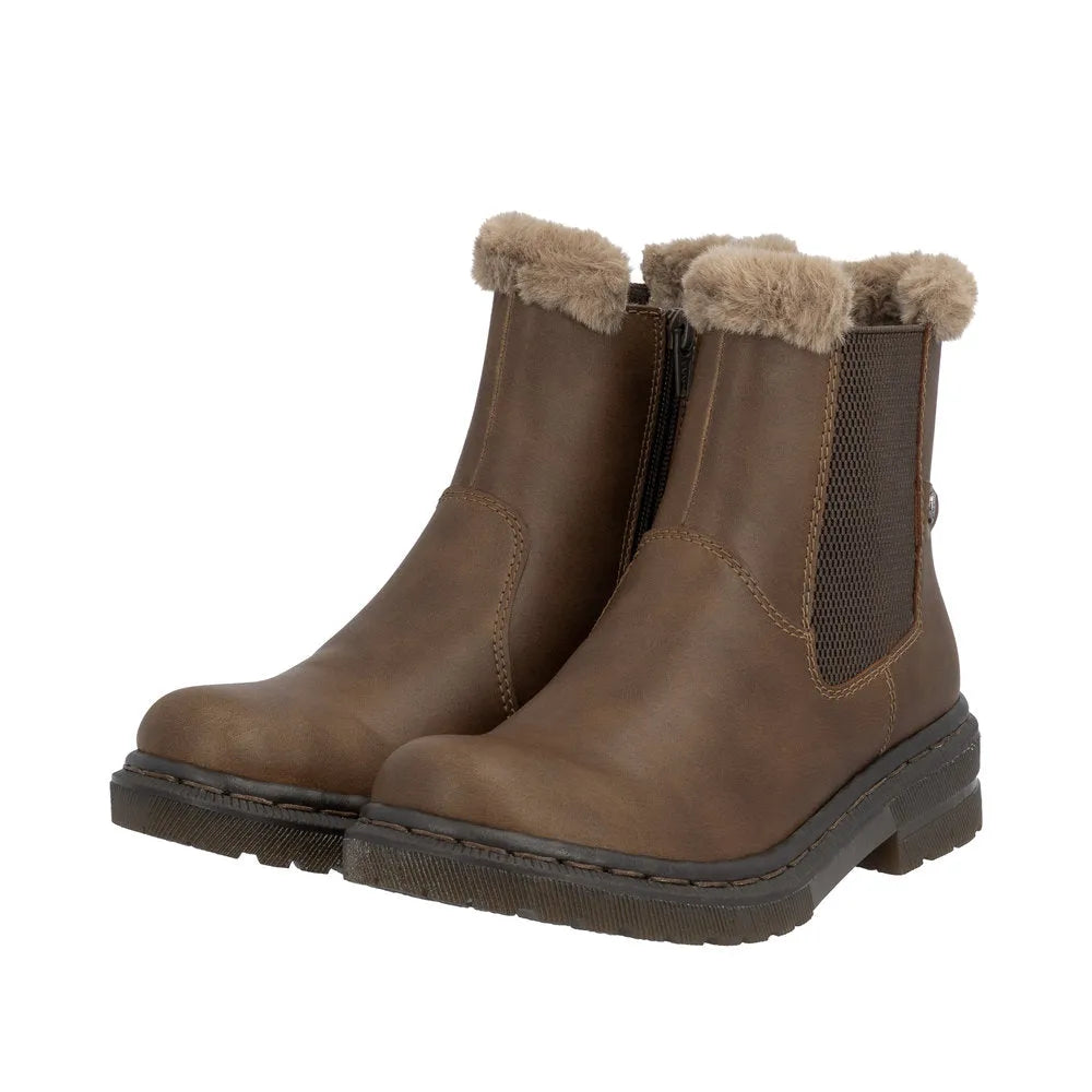 Rieker 78250-22 women's brown ankle boots with side zipper, faux fur lining, and slip-resistant sole.