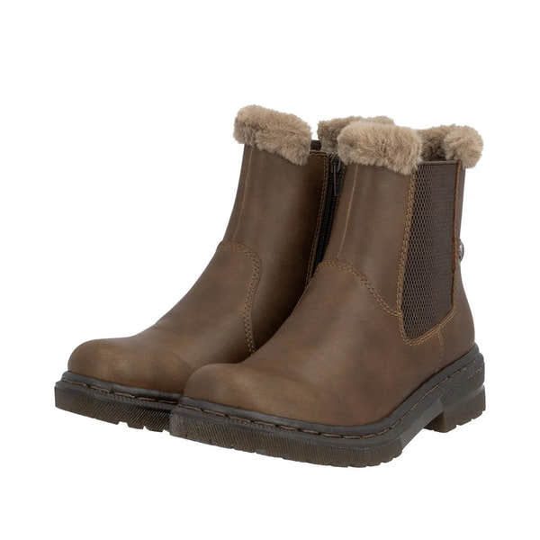 Rieker 78250-22 women's brown ankle boots with side zipper, faux fur lining, and slip-resistant sole.