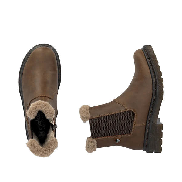 Rieker 78250-22 women's brown ankle boots with side zipper and faux fur lining, casual winter footwear, rugged sole.