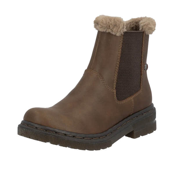 Rieker 78250-22 women's brown ankle boots with side zipper, faux fur collar, and slip-on design.