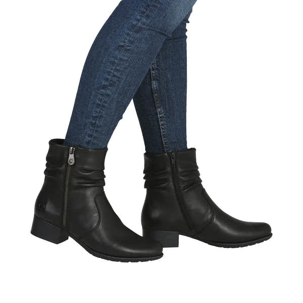 Rieker 78656-00 black leather twin zip ankle boots for women, mid-heel, stylish and comfortable footwear.