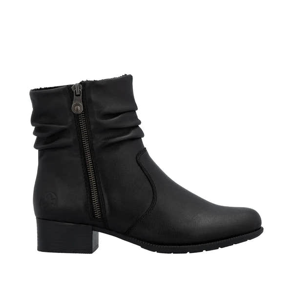 Rieker 78656-00 women's black leather ankle boots with twin zippers, low block heel, and slouchy design.