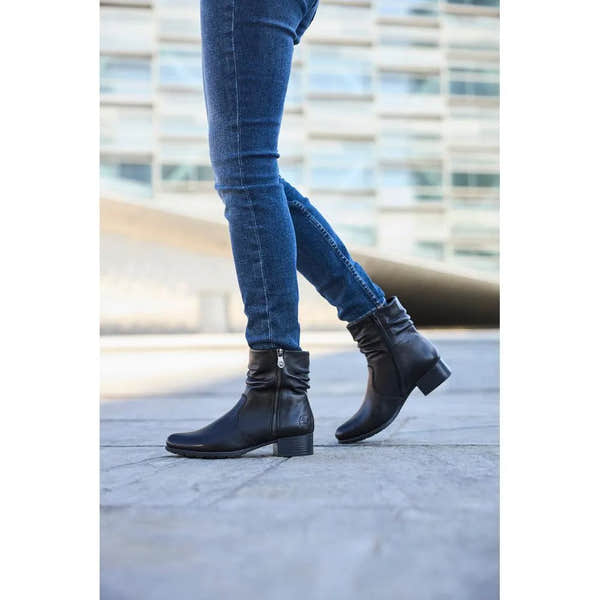 Rieker 78656-00 women's black leather twin zip ankle boots with block heel, stylish and versatile footwear.