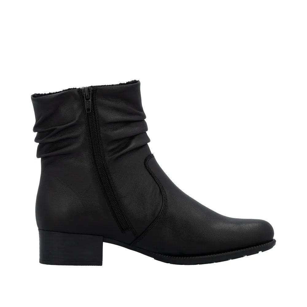 Rieker 78656-00 Women's Black Leather Ankle Boots with Twin Zippers and Low Block Heel.