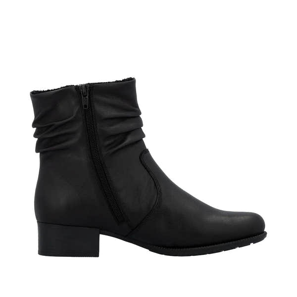 Rieker 78656-00 Women's Black Leather Ankle Boots with Twin Zippers and Low Block Heel.
