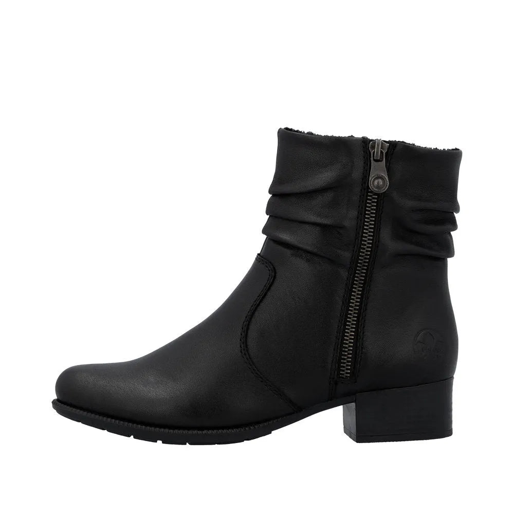Rieker 78656-00 Women's Black Leather Ankle Boots with Twin Side Zippers and Low Block Heel
