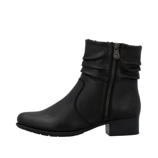 Rieker 78656-00 Women's Black Leather Ankle Boots with Twin Side Zippers and Low Block Heel