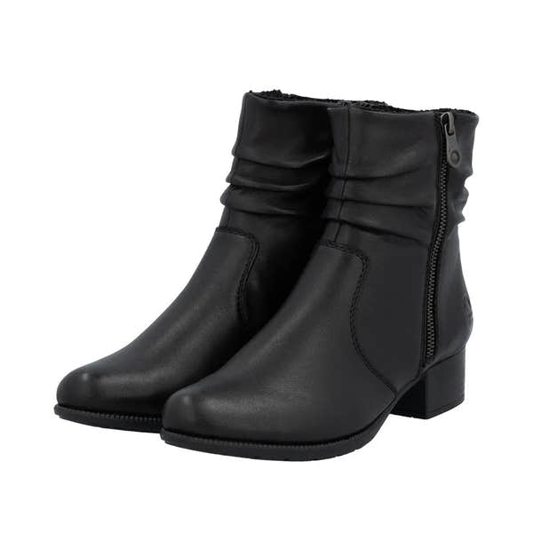 Rieker 78656-00 women's black leather ankle boots with twin zippers and low block heel. Stylish, everyday footwear with a ruched ankle design.