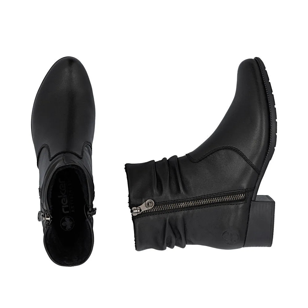 Rieker 78656-00 black leather women's ankle boots with twin zippers and chunky heel, stylish and comfortable footwear.