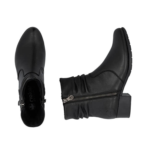 Rieker 78656-00 black leather women's ankle boots with twin zippers and chunky heel, stylish and comfortable footwear.