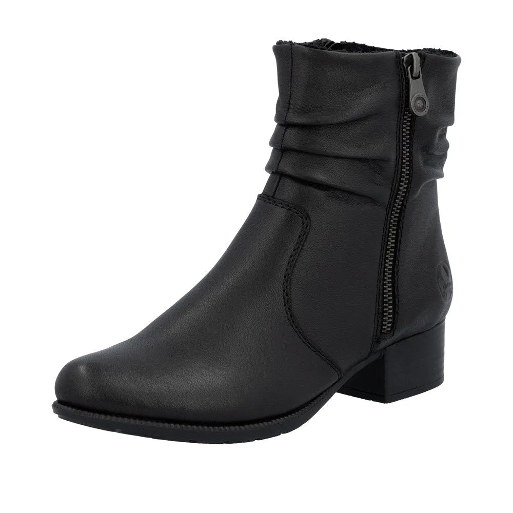 Rieker 78656-00 women's black leather ankle boots with twin zippers, low block heel, stylish design, and side zipper closure.