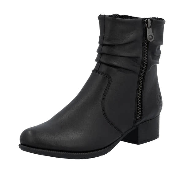 Rieker 78656-00 women's black leather ankle boots with twin zippers, low block heel, stylish design, and side zipper closure.