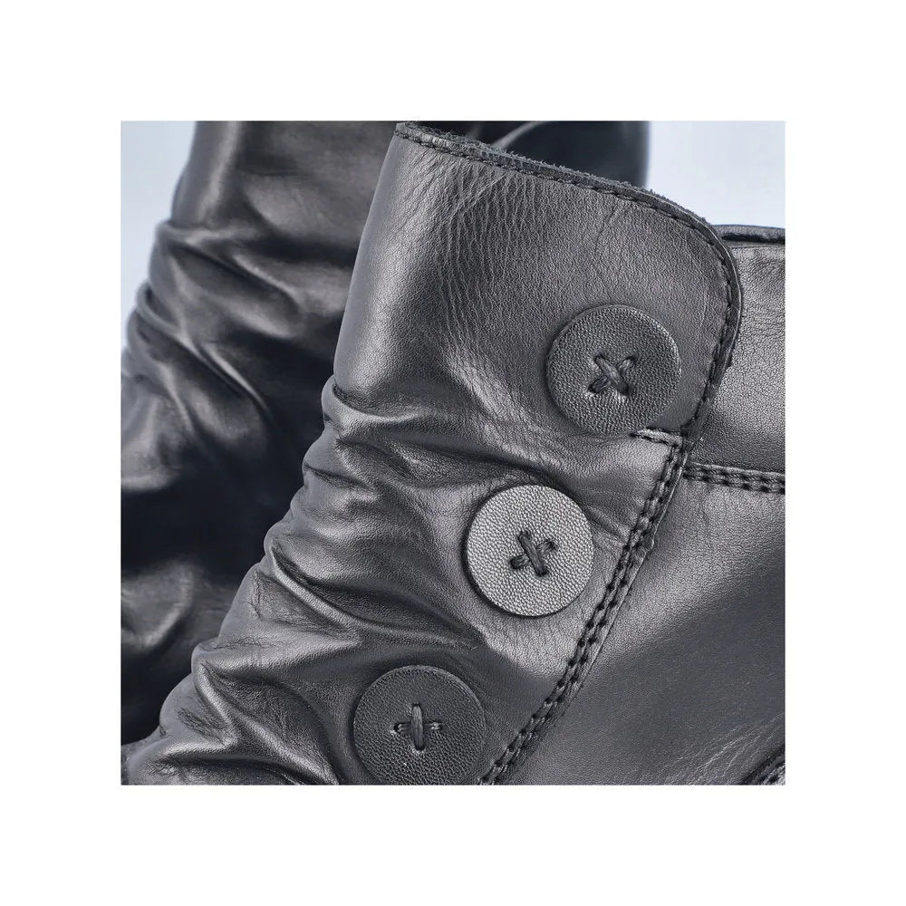 Rieker 78659-00 women's black leather ankle boots with side zippers and decorative buttons, stylish and comfortable footwear.