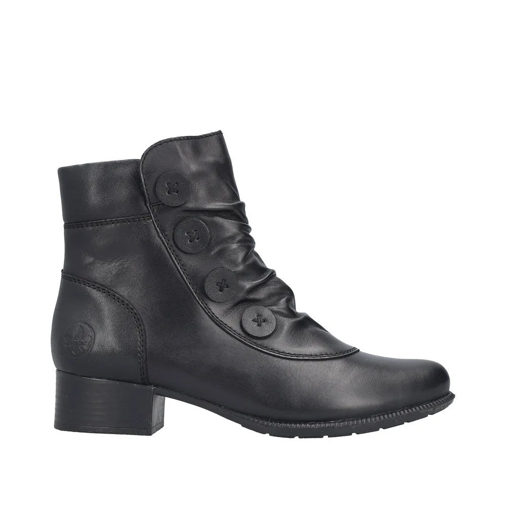 Rieker 78659-00 women's black leather ankle boots with side zipper, block heel, and decorative buttons for stylish comfort.