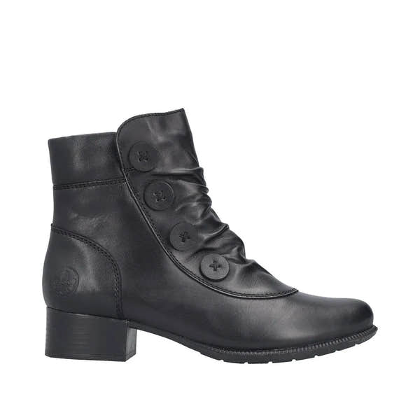 Rieker 78659-00 women's black leather ankle boots with side zipper, block heel, and decorative buttons for stylish comfort.