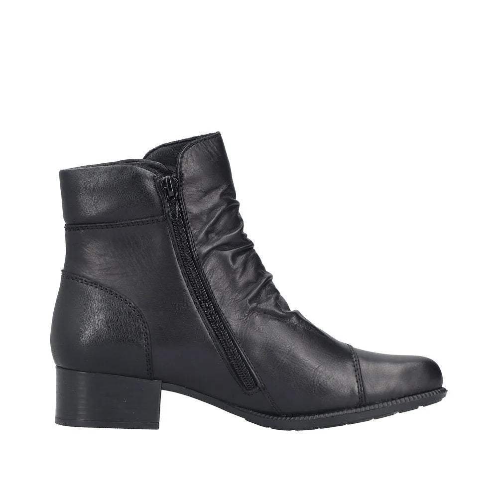 Rieker 78659-00 black leather women's ankle boots with side zipper, block heel, and ruched design. Perfect for stylish, comfortable wear.