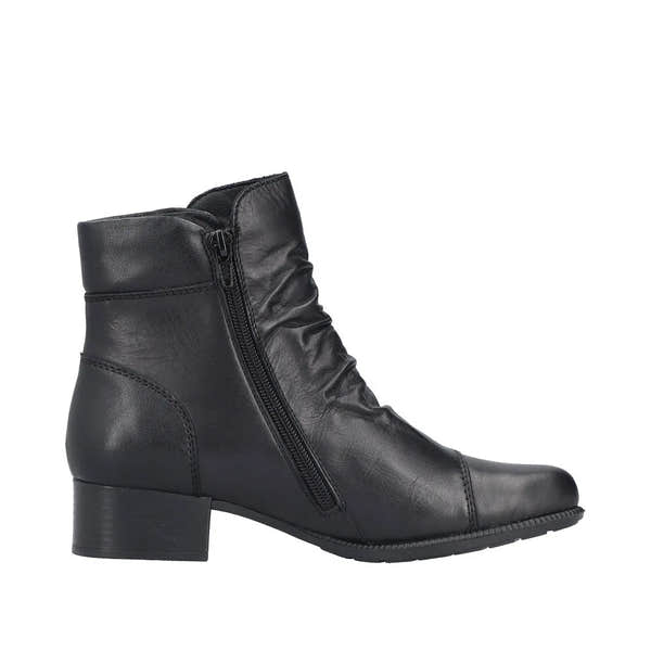 Rieker 78659-00 black leather women's ankle boots with side zipper, block heel, and ruched design. Perfect for stylish, comfortable wear.