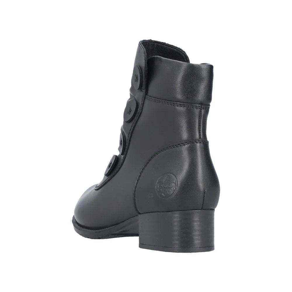 Rieker 78659-00 women's black leather ankle boots with side zipper and chunky heel.