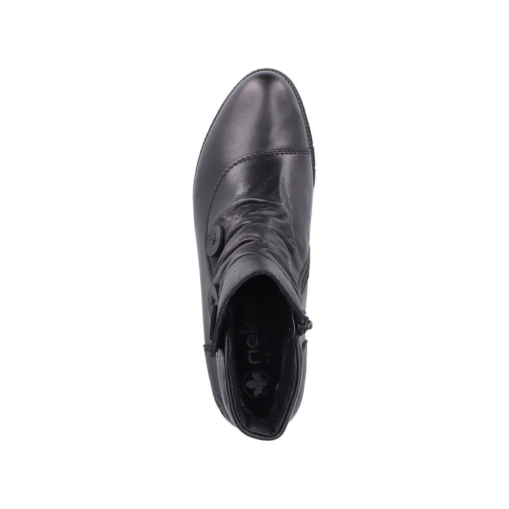 Rieker 78659-00 Ladies Black Leather Side Zip Ankle Boots with rounded toe and low heel.