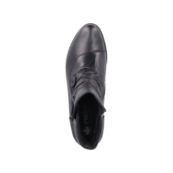 Rieker 78659-00 Ladies Black Leather Side Zip Ankle Boots with rounded toe and low heel.