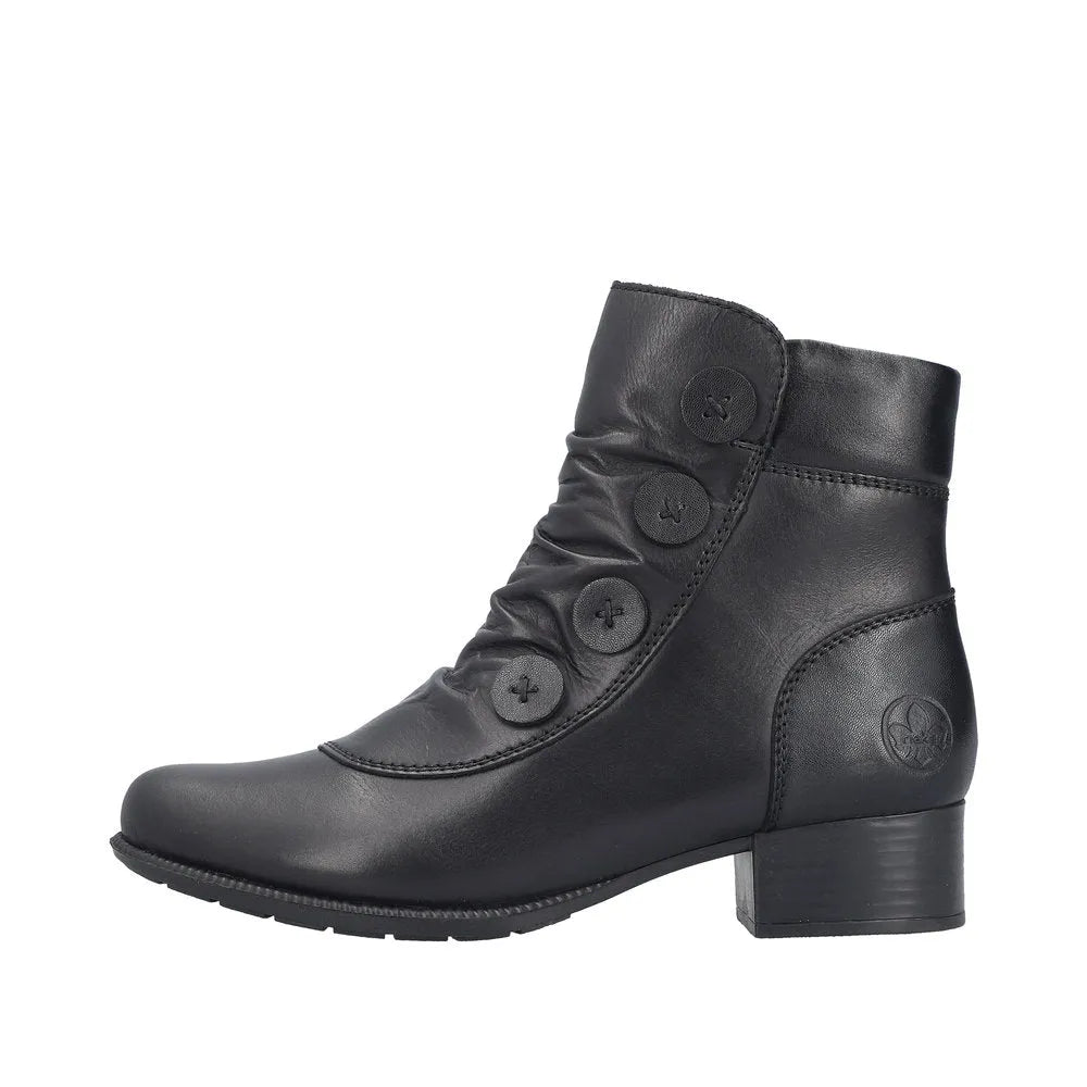 Rieker 78659-00 women's black leather ankle boots with side zip, low block heel, buttons detail, stylish and comfortable footwear.