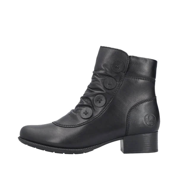 Rieker 78659-00 women's black leather ankle boots with side zip, low block heel, buttons detail, stylish and comfortable footwear.