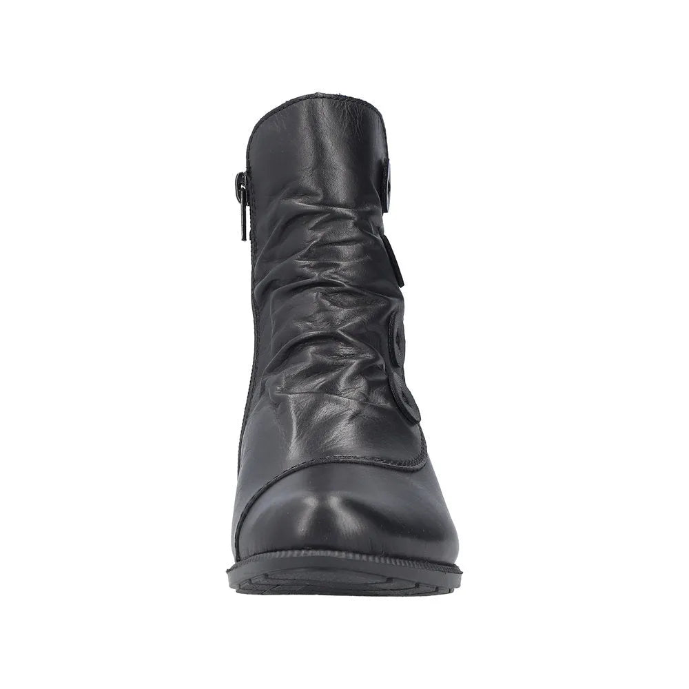 Rieker 78659-00 women's black leather ankle boot with side zipper and low heel.