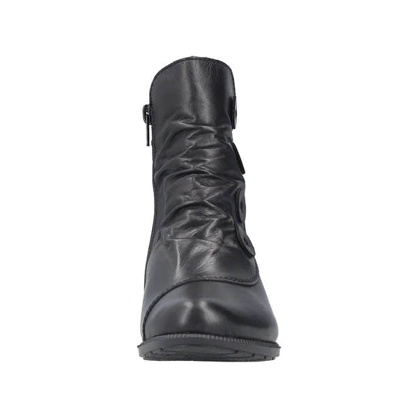 Rieker 78659-00 women's black leather ankle boot with side zipper and low heel.