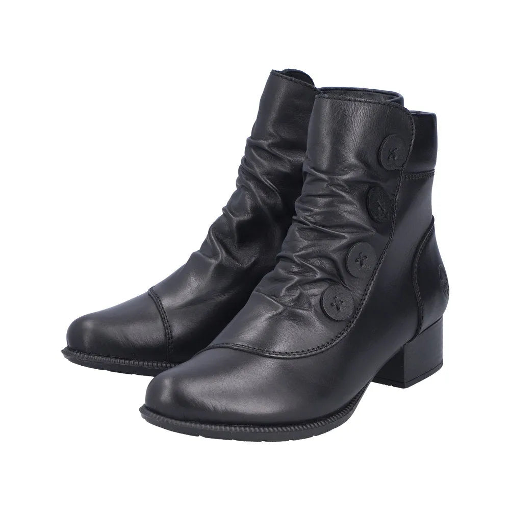 Rieker 78659-00 women's black leather ankle boots with side zippers and decorative buttons, mid-heel, stylish and comfortable.