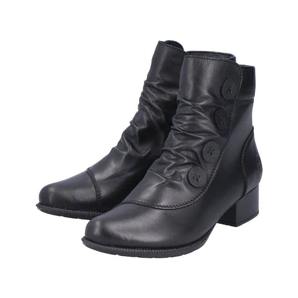 Rieker 78659-00 women's black leather ankle boots with side zippers and decorative buttons, mid-heel, stylish and comfortable.