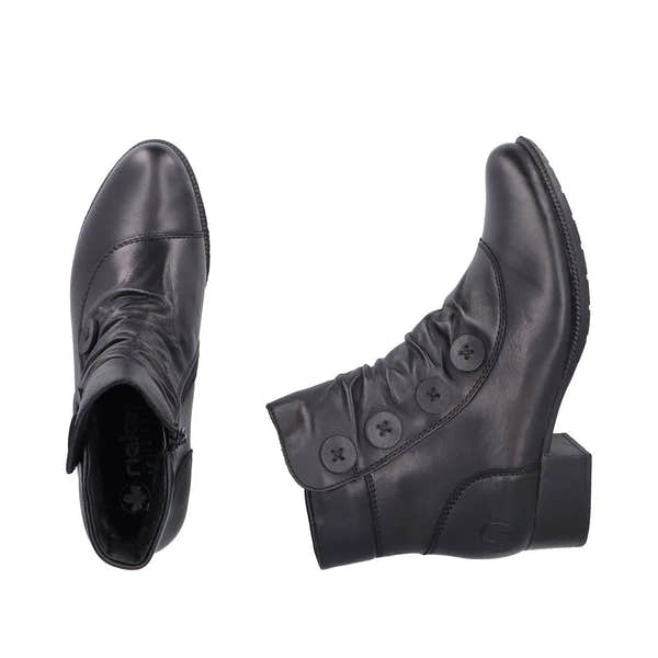 Rieker 78659-00 women's black leather ankle boots with side zipper and decorative button details.
