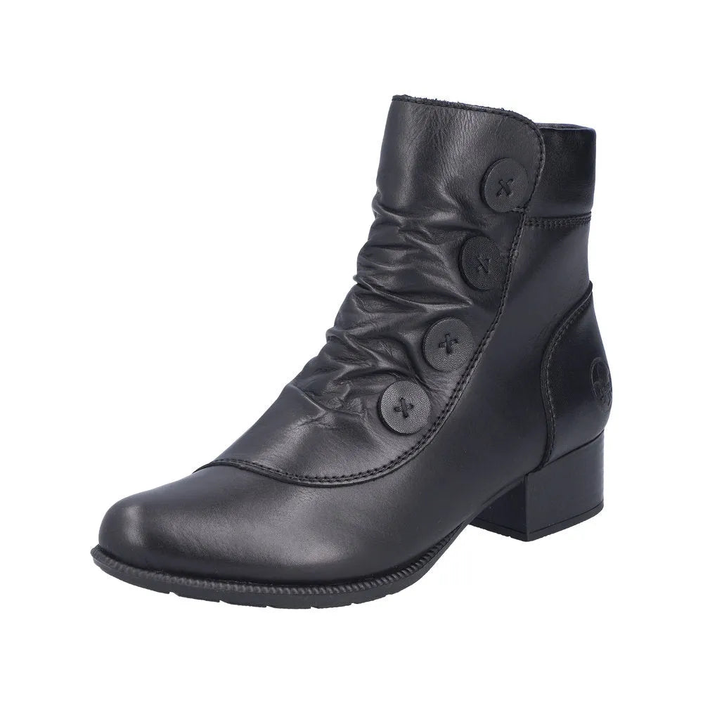 Rieker 78659-00 women's black leather ankle boots with side zips and decorative button accents, 3-inch heel, stylish and comfortable.