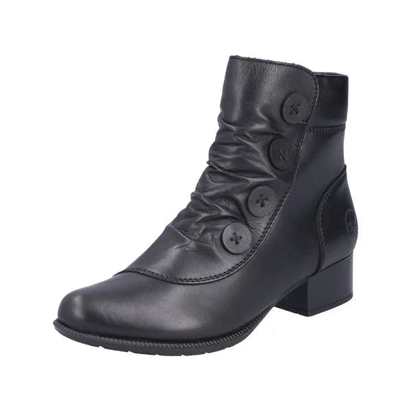 Rieker 78659-00 women's black leather ankle boots with side zips and decorative button accents, 3-inch heel, stylish and comfortable.