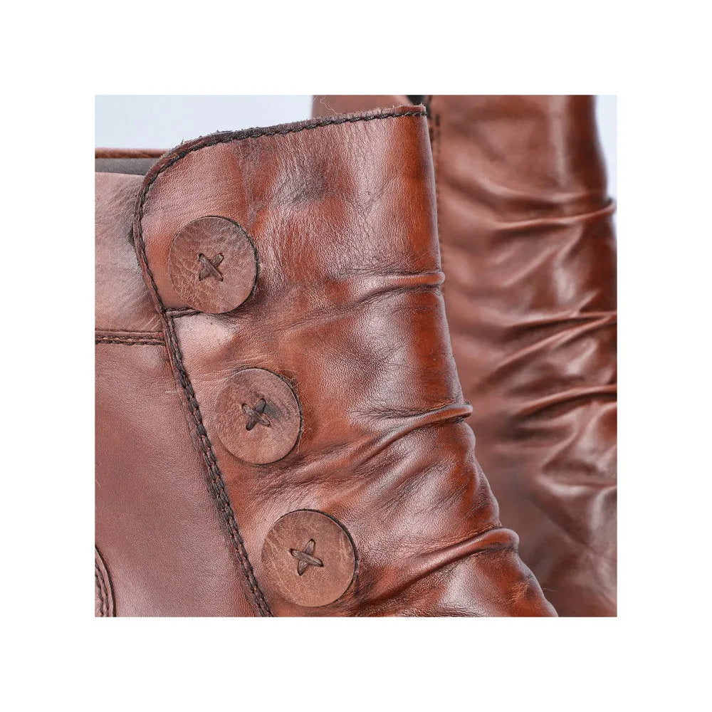 Rieker 78659-22 women's brown leather ankle boots with side zip and decorative buttons, stylish and comfortable footwear.