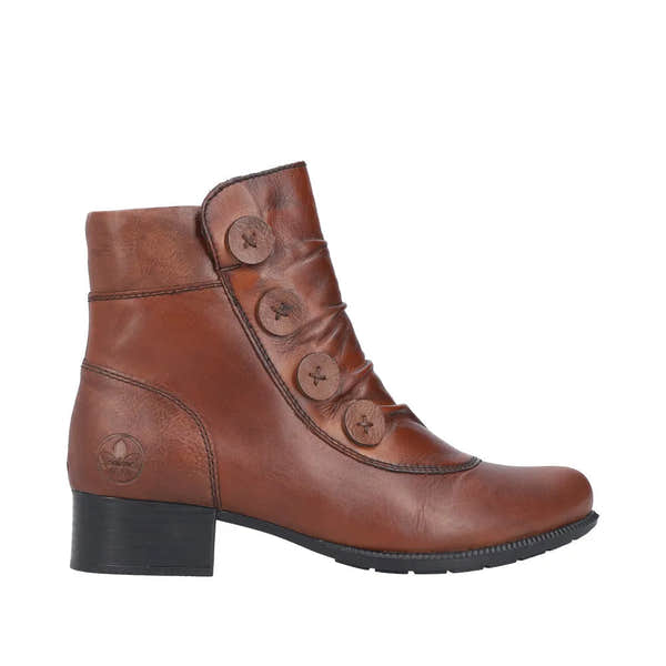 Rieker 78659-22 ladies brown leather ankle boots with side zip, stacked heel, and button detailing.