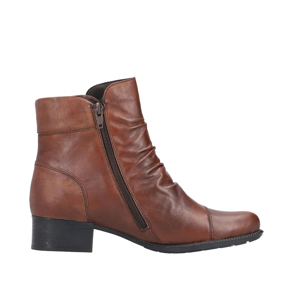 Rieker 78659-22 Ladies Brown Leather Side Zip Ankle Boots with low heel and ruched detail.