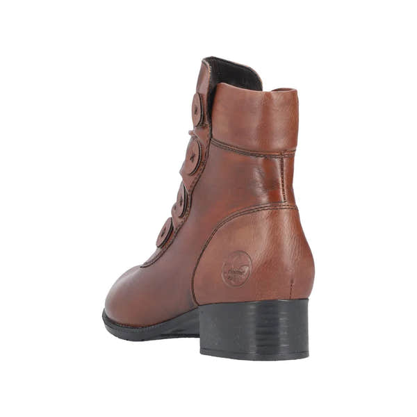 Rieker 78659-22 women's brown leather ankle boots with side zipper, chunky heel, and stylish design.