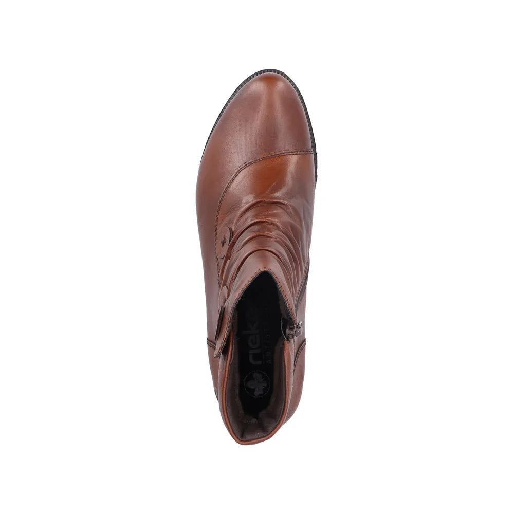 Rieker 78659-22 women's brown leather ankle boots with side zipper, stylish and comfortable footwear.