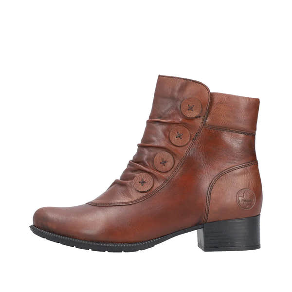 Rieker 78659-22 women's brown leather ankle boots with side zippers and button detailing, low block heel, stylish and comfortable footwear.