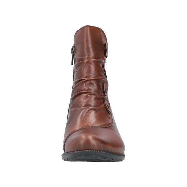 Rieker 78659-22 women's brown leather ankle boots with side zipper and ruched design.