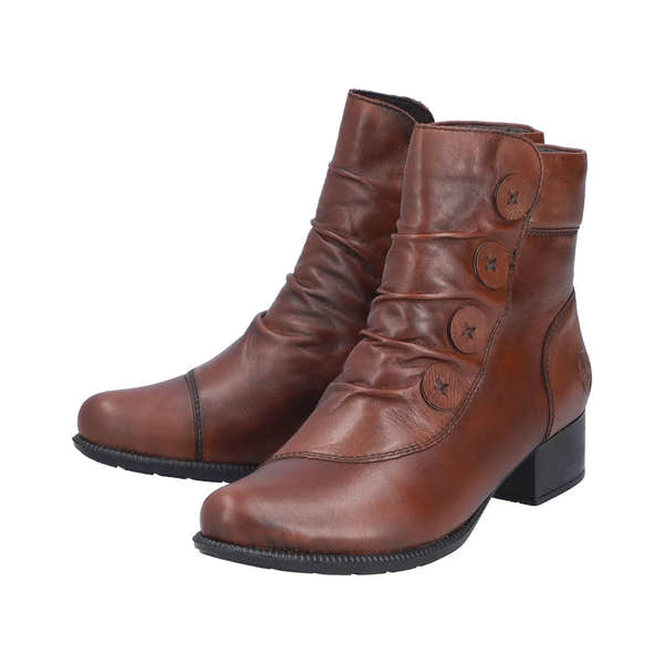 Rieker 78659-22 women's brown leather ankle boots with side zips and button detailing, low block heel for stylish comfort.