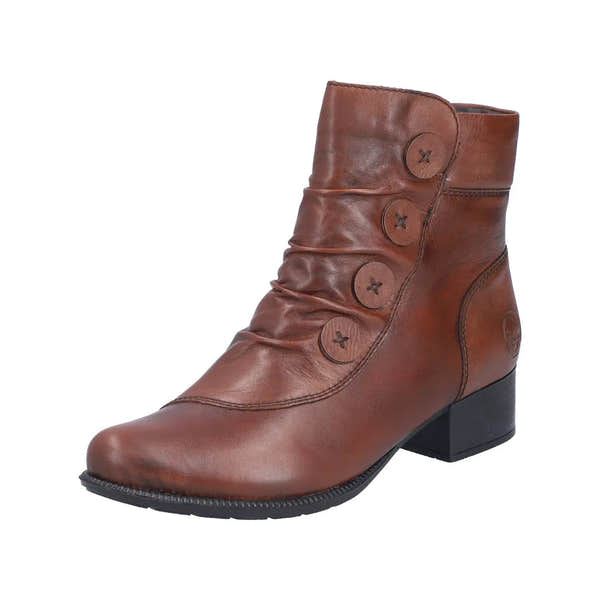 Rieker 78659-22 ladies brown leather ankle boots with side zips and button details, mid-block heel, stylish and comfortable footwear.