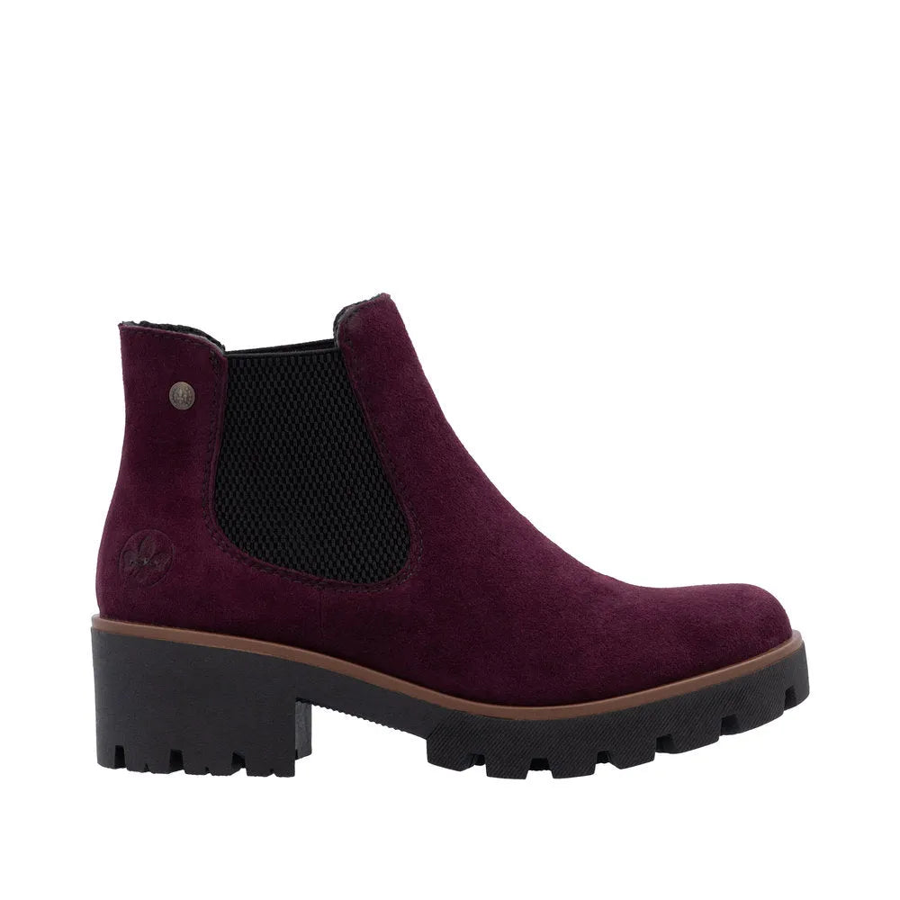 Rieker 79265-30 women's red suede slip-on ankle boots with black elastic side panels and chunky heel.