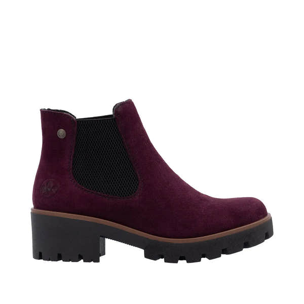 Rieker 79265-30 women's red suede slip-on ankle boots with black elastic side panels and chunky heel.
