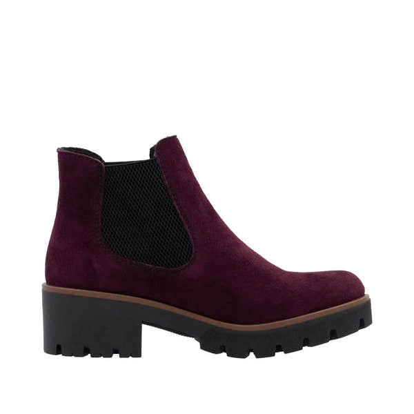 Rieker 79265-30 women's red suede slip-on ankle boots with chunky black sole and elastic side panels.