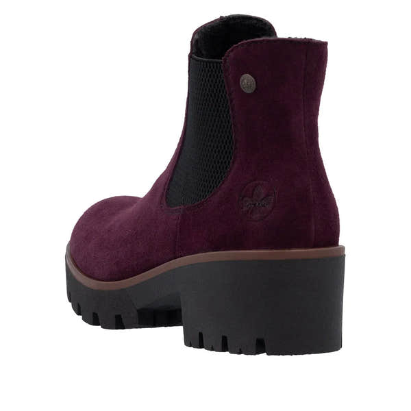 Rieker 79265-30 women's red suede slip-on ankle boots with chunky black platform sole and elastic side panels.