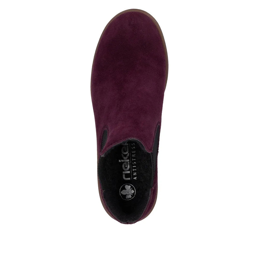 Rieker 79265-30 women's red suede slip-on ankle boots with black elastic side panels.