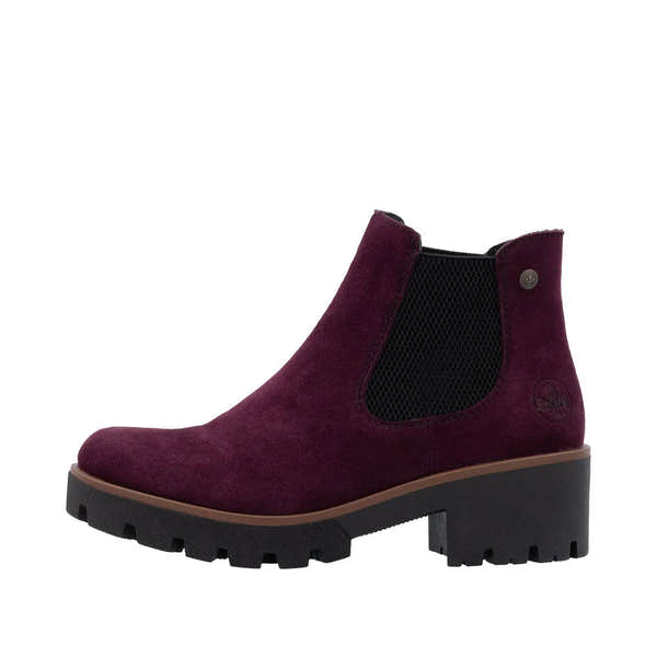 Rieker 79265-30 women's red suede slip-on ankle boots with chunky heel and black elastic side panels.