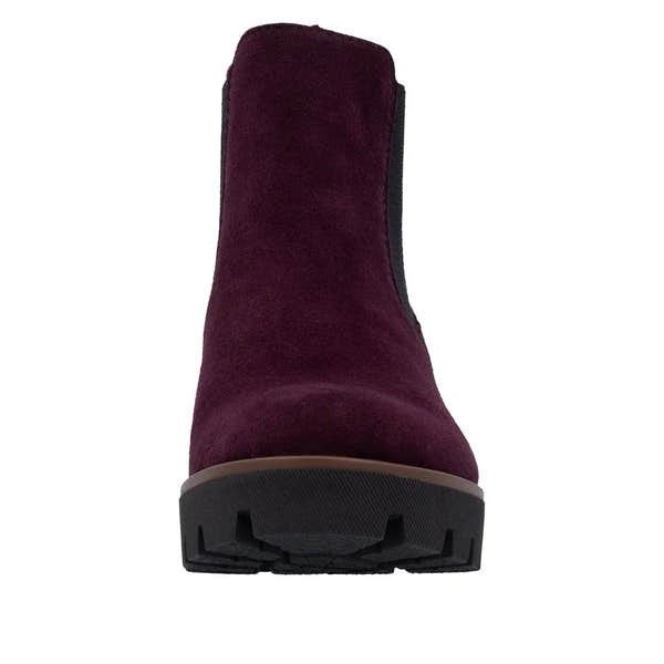 Rieker 79265-30 women's red suede slip-on ankle boots with chunky black sole, stylish and comfortable winter footwear.